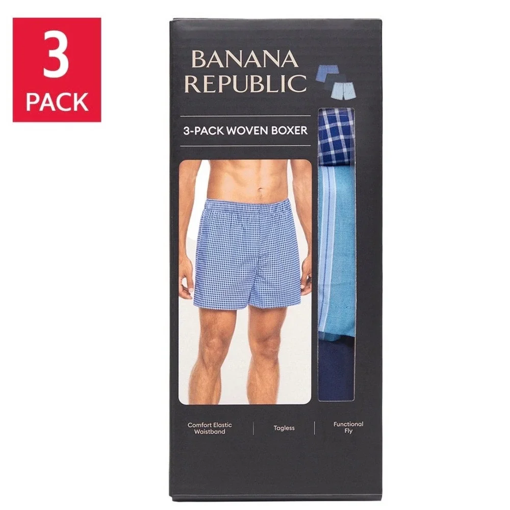 Banana Republic 3-Pack Mens Medium 32/34 Boxers Woven 100% Cotton Plaid Stripe